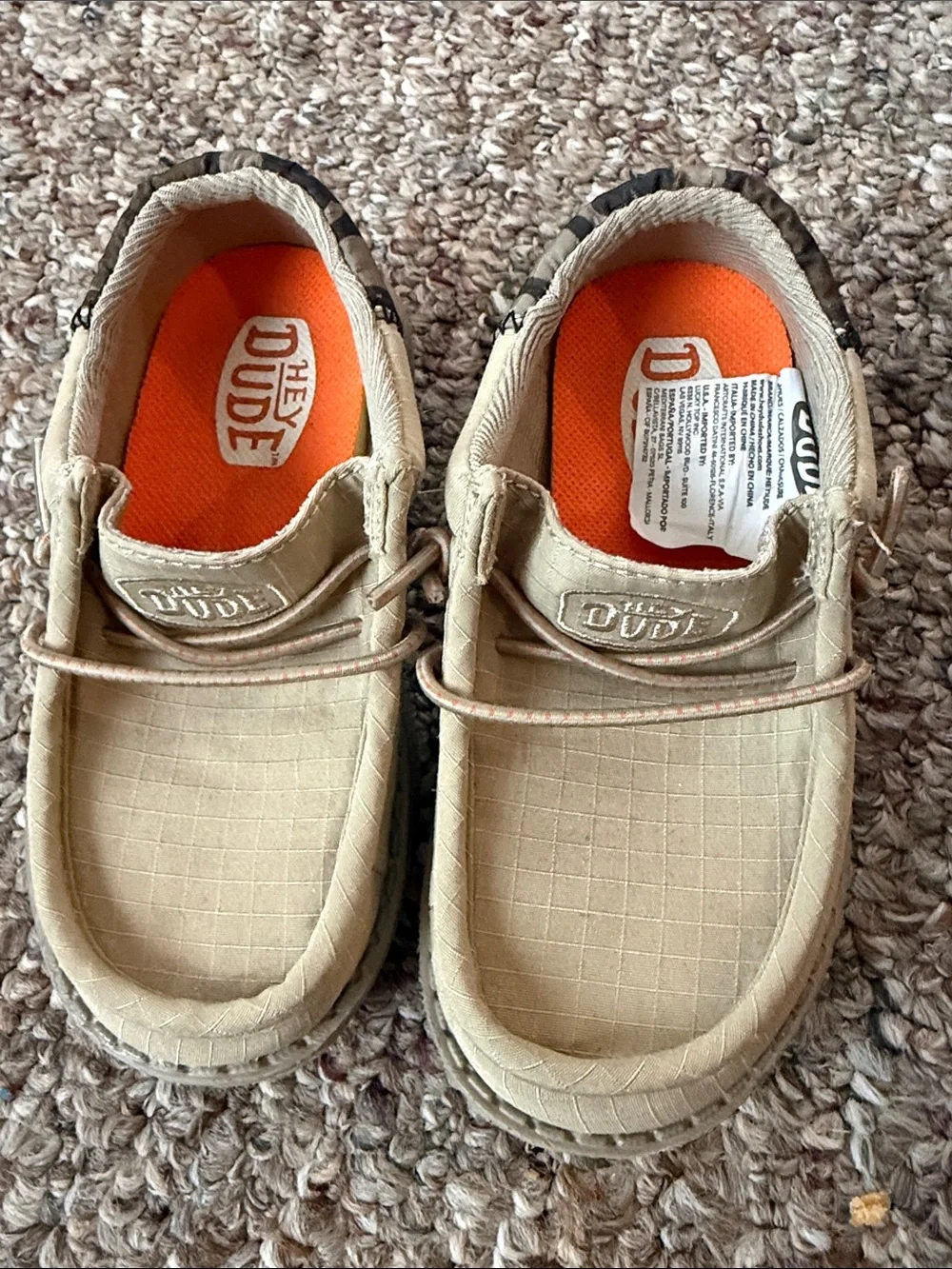 Hey Dude Kids Tan Slip-On Moccasins with Camo Heel